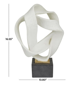 WHITE POLYSTONE ABSTRACT RIBBON LINE SCULPTURE WITH BLACK BASE, 11" X 9" X 17"