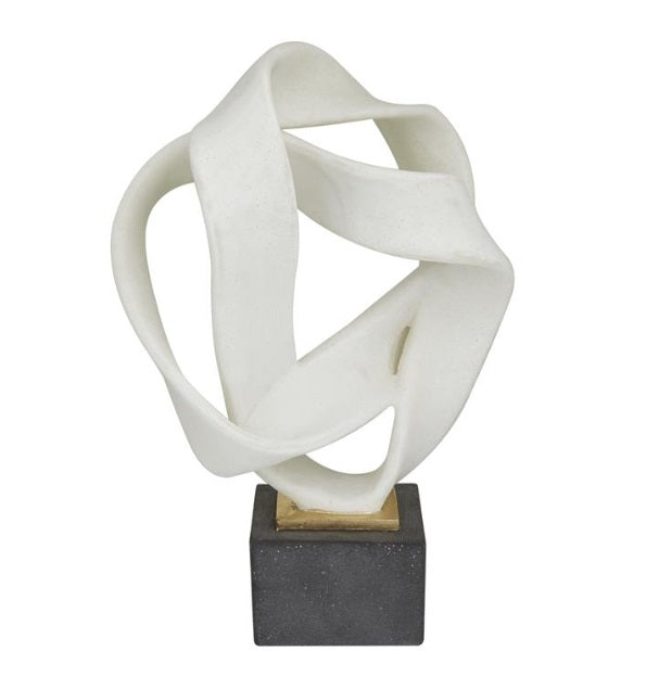 WHITE POLYSTONE ABSTRACT RIBBON LINE SCULPTURE WITH BLACK BASE, 11" X 9" X 17"
