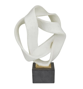 WHITE POLYSTONE ABSTRACT RIBBON LINE SCULPTURE WITH BLACK BASE, 11" X 9" X 17"