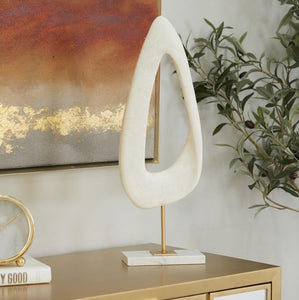 WHITE POLYSTONE ABSTRACT CUT-OUT SCULPTURE WITH MARBLE STAND, 7" X 3" X 20"