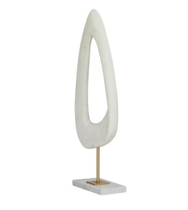WHITE POLYSTONE ABSTRACT CUT-OUT SCULPTURE WITH MARBLE STAND, 7" X 3" X 20"