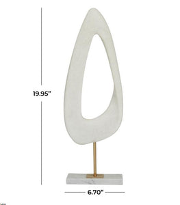 WHITE POLYSTONE ABSTRACT CUT-OUT SCULPTURE WITH MARBLE STAND, 7" X 3" X 20"