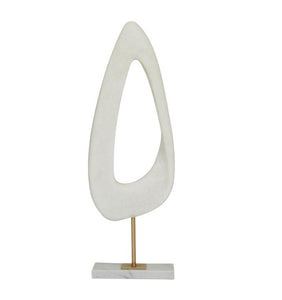 WHITE POLYSTONE ABSTRACT CUT-OUT SCULPTURE WITH MARBLE STAND, 7" X 3" X 20"