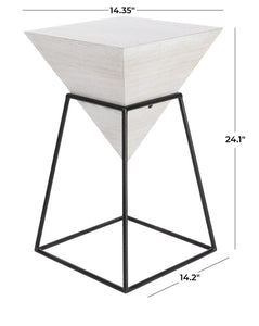 WHITE WOOD GEOMETRIC INVERTED PYRAMID ACCENT TABLE WITH BLACK METAL STAND, 14" X 14" X 24"
