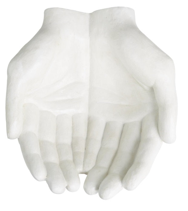 WHITE POLYSTONE HANDS OPEN SCULPTURE, 15" X 16" X 7"