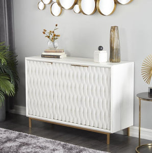 WHITE WOOD GEOMETRIC 1 SHELF AND 3 DOORS CABINET, 47" X 16" X 32"