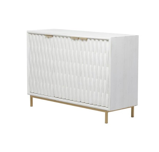 WHITE WOOD GEOMETRIC 1 SHELF AND 3 DOORS CABINET, 47" X 16" X 32"