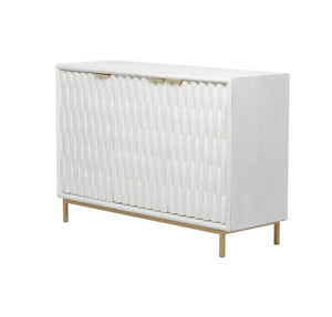 WHITE WOOD GEOMETRIC 1 SHELF AND 3 DOORS CABINET, 47" X 16" X 32"