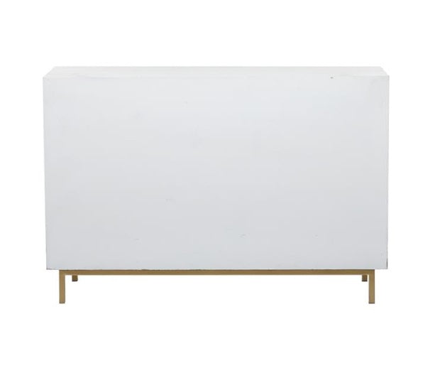 WHITE WOOD GEOMETRIC 1 SHELF AND 3 DOORS CABINET, 47" X 16" X 32"