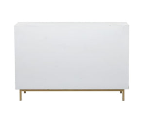 WHITE WOOD GEOMETRIC 1 SHELF AND 3 DOORS CABINET, 47" X 16" X 32"