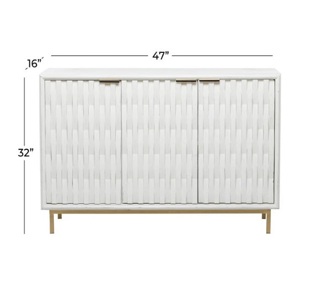 WHITE WOOD GEOMETRIC 1 SHELF AND 3 DOORS CABINET, 47" X 16" X 32"