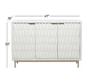 WHITE WOOD GEOMETRIC 1 SHELF AND 3 DOORS CABINET, 47" X 16" X 32"
