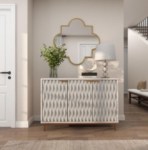 WHITE WOOD GEOMETRIC 1 SHELF AND 3 DOORS CABINET, 47" X 16" X 32"