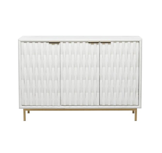 WHITE WOOD GEOMETRIC 1 SHELF AND 3 DOORS CABINET, 47" X 16" X 32"