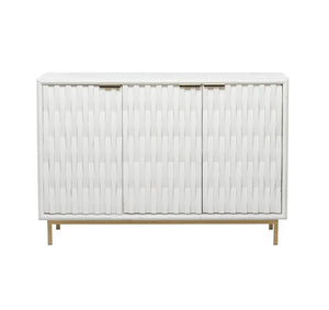 WHITE WOOD GEOMETRIC 1 SHELF AND 3 DOORS CABINET, 47" X 16" X 32"