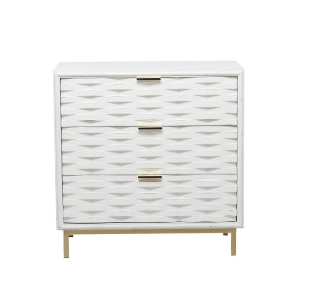 WHITE WOOD GEOMETRIC 3 DRAWER CABINET, 32" X 16" X 32"