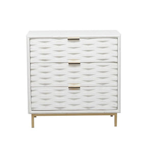 WHITE WOOD GEOMETRIC 3 DRAWER CABINET, 32" X 16" X 32"