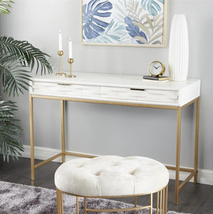 WHITE WOOD 2 DRAWERS CONSOLE TABLE WITH GOLD METAL FRAME, 46" X 20" X 31"