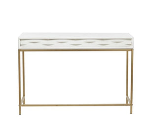WHITE WOOD 2 DRAWERS CONSOLE TABLE WITH GOLD METAL FRAME, 46" X 20" X 31"