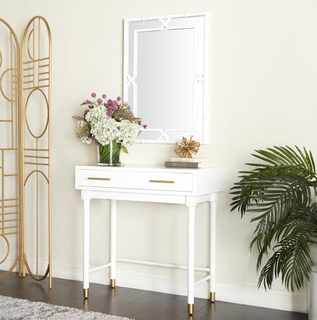 WHITE WOOD SINGLE DRAWER CONSOLE TABLE WITH MIRROR, SET OF 2 31", 31"H