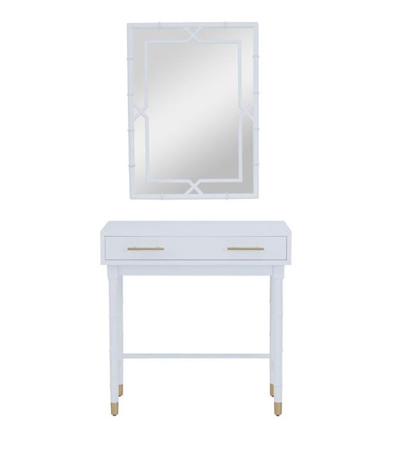 WHITE WOOD SINGLE DRAWER CONSOLE TABLE WITH MIRROR, SET OF 2 31", 31"H