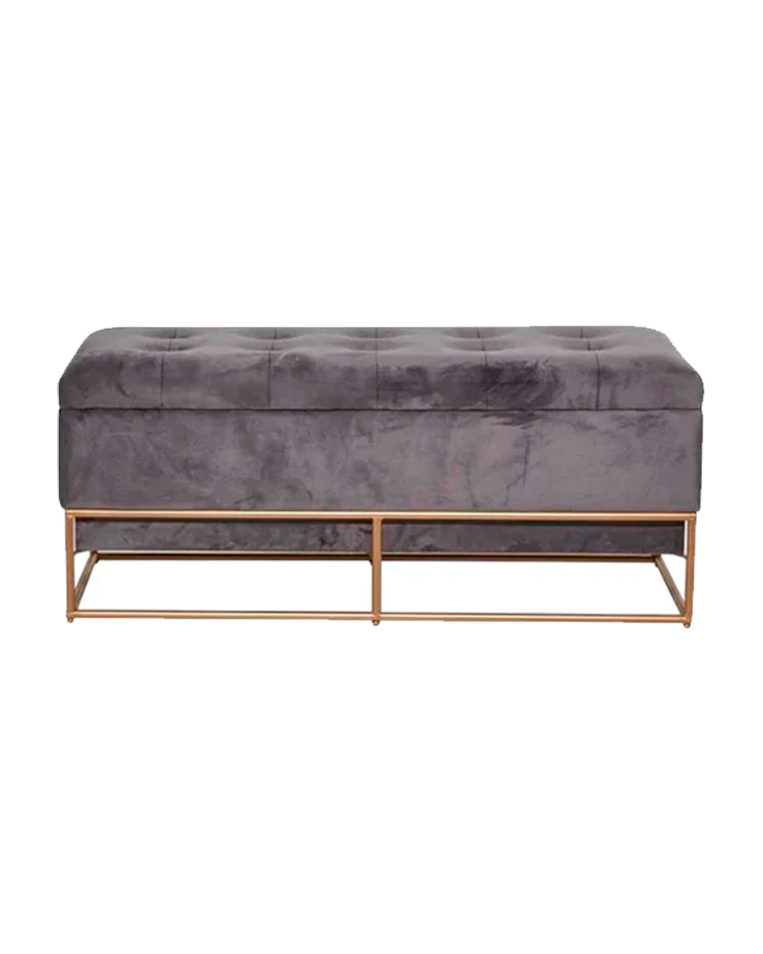 GRAY METAL STORAGE BENCH WITH GOLD BASE