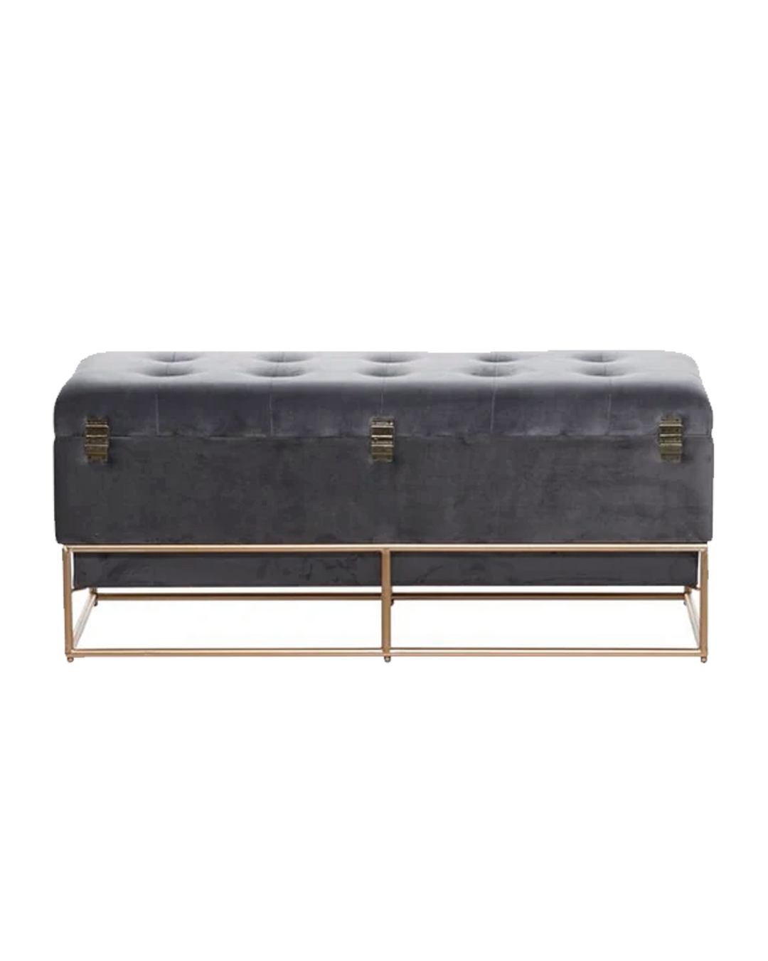GRAY METAL STORAGE BENCH WITH GOLD BASE