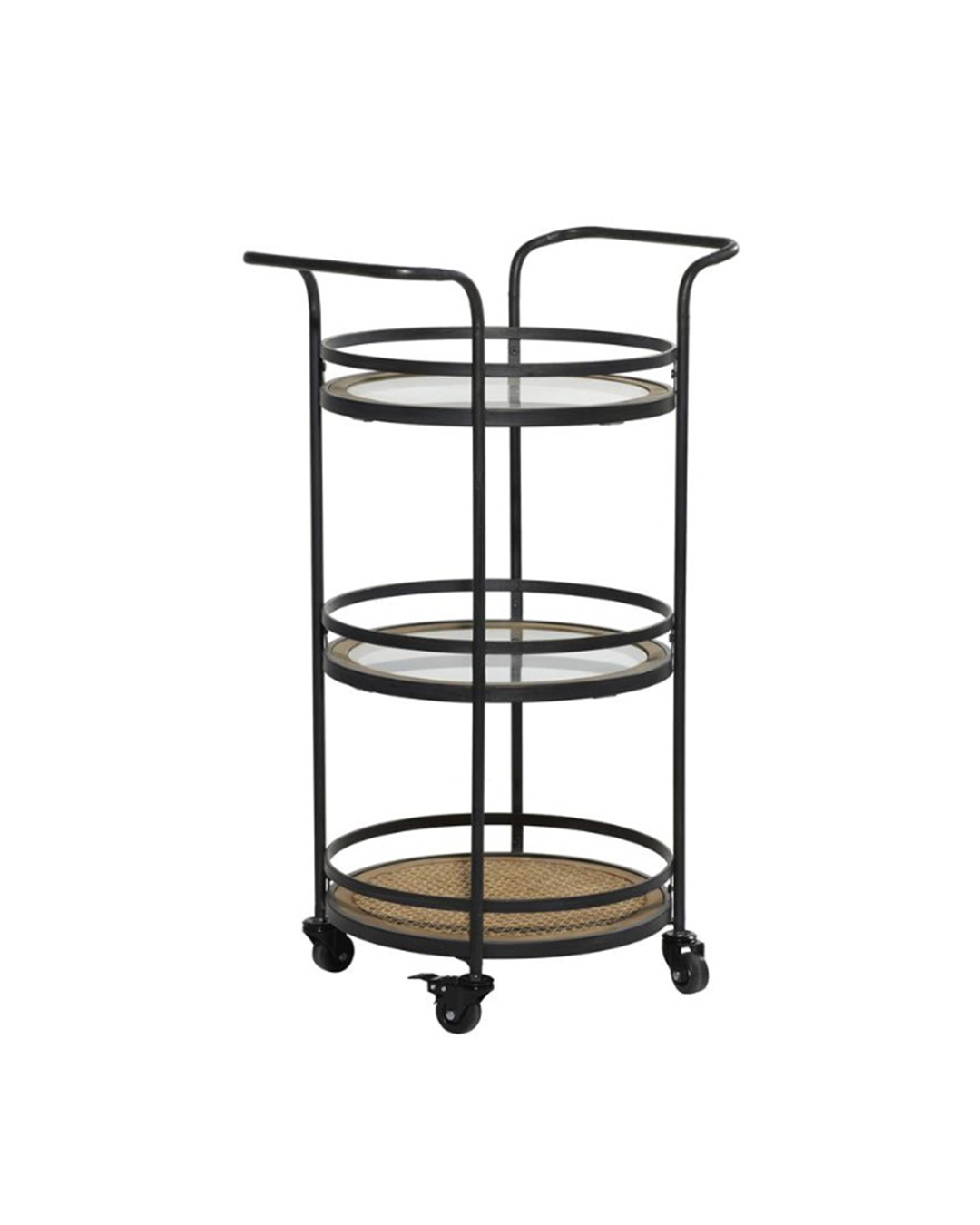 BROWN METAL ROLLING 1 RATTAN AND 2 GLASS SHELVES BAR CART WITH HANDLES, 21" X 16" X 35"
