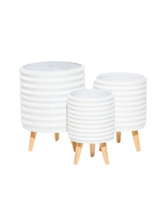 COSMOPOLITAN WHITE MAGNESIUM OXIDE INDOOR OUTDOOR PLANTER WITH WOOD LEGS, SET OF 3 14", 16", 18"H