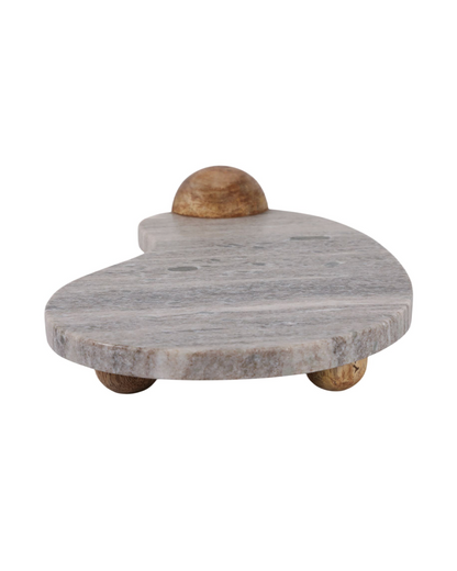 CURVY MARBLE TRAY ON WOOD BALL FEET, BEIGE
