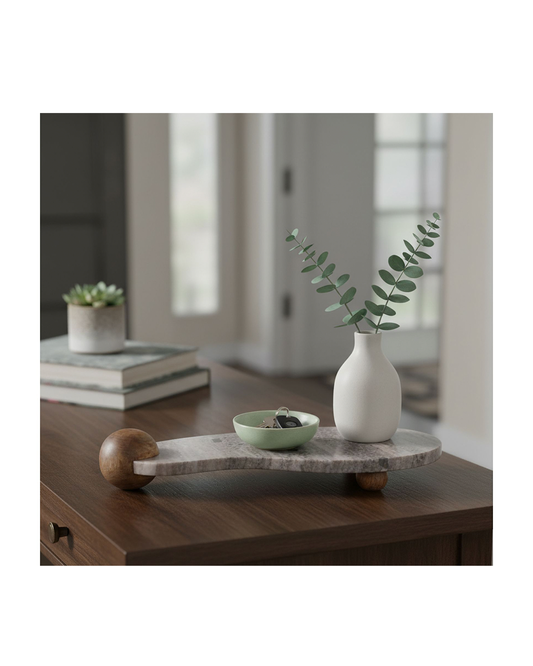 CURVY MARBLE TRAY ON WOOD BALL FEET, BEIGE