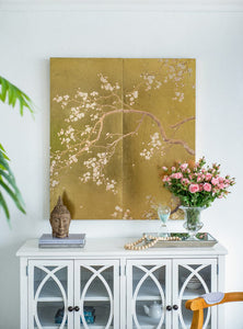 WALL ARTSCHERRY BLOSSOM WALL ART PANELS, GOLD & PINK, METALLIC ACCENT / SET OF 2