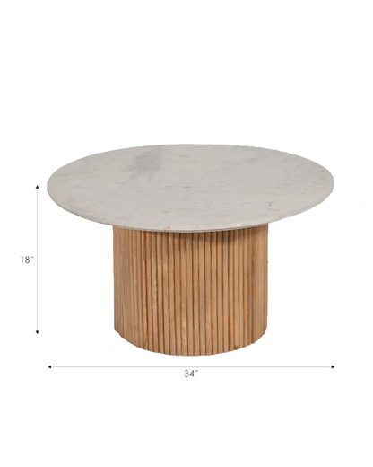 WOOD / MARBLE 34'' D REEDED COFFEE TABLE, KD 2 BOXES
