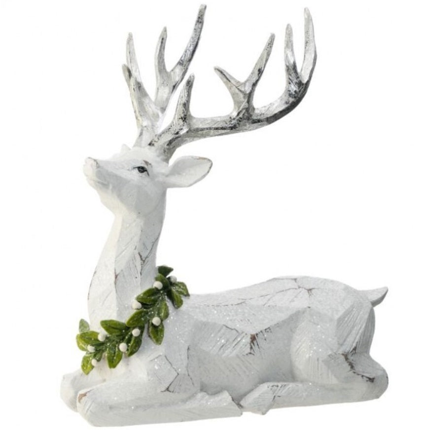 12" RSN FROSTED LAYING MISTLETOE DEER