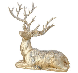 14" RSN GLITTER LAYING CHAMPAGNE LEAF DEER