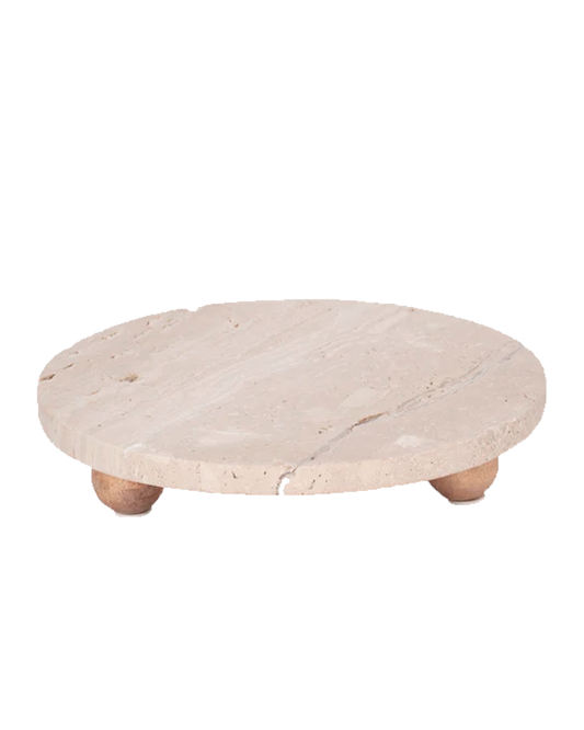 TRAVERTINE TRAY ON WOOD BALL FEET, TAN