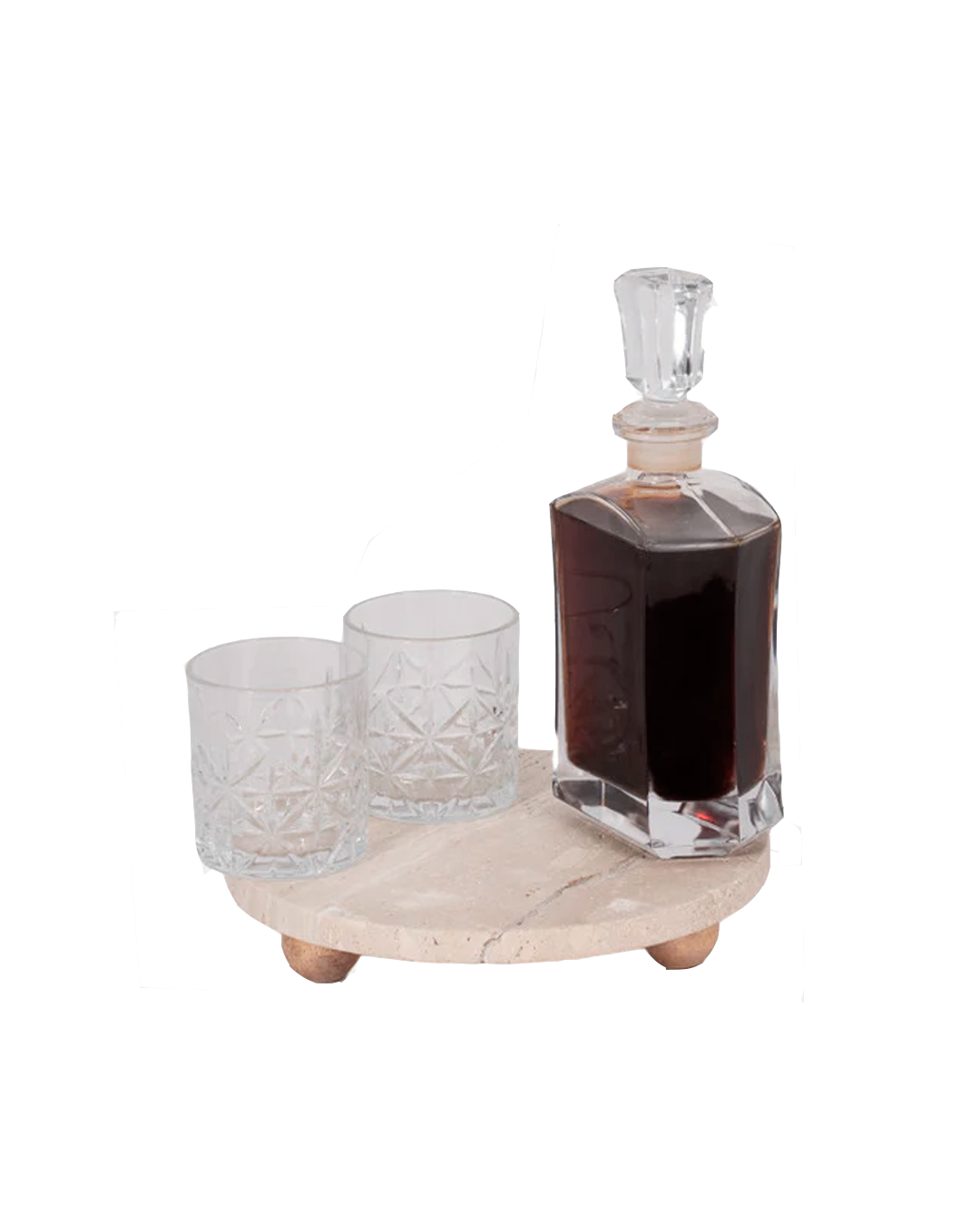 TRAVERTINE TRAY ON WOOD BALL FEET, TAN