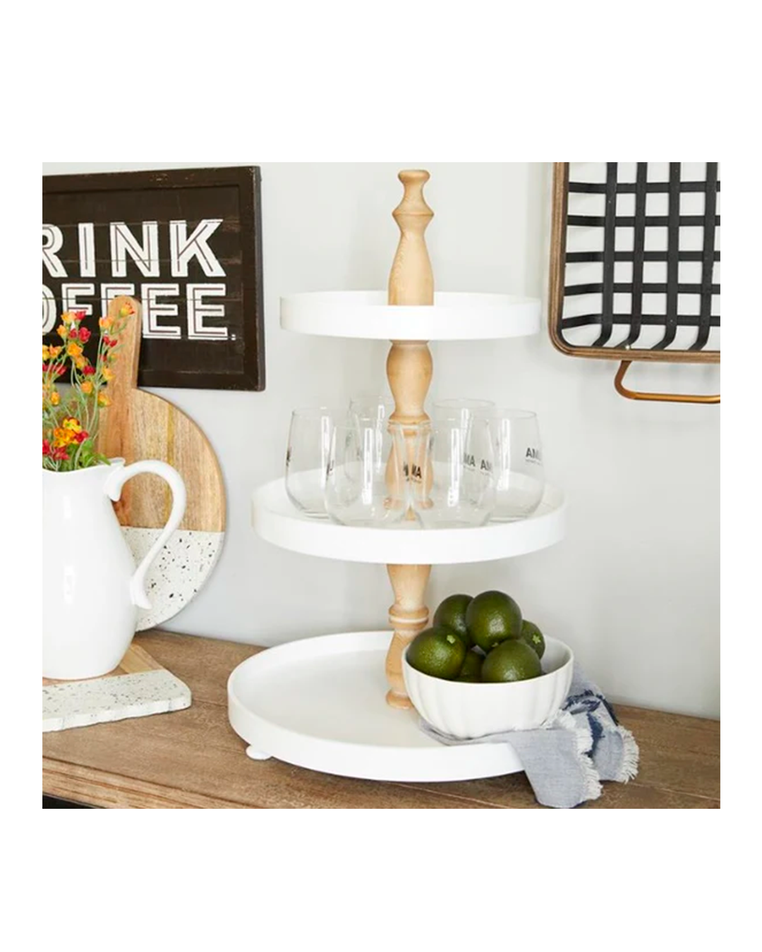 WHITE WOOD 3 LEVEL TIERED SERVER WITH WOOD POST / -50%