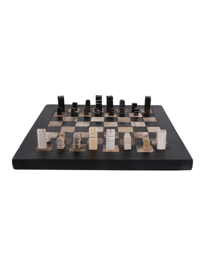 PETRIFIED WOOD CHESS SET, BLACK / IVORY
