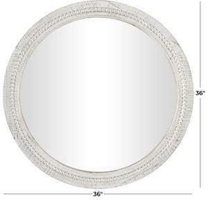 WHITE WOOD CARVED WOOD WALL MIRROR WITH WHITEWASHED BEADED FRAME, 36" X 2" X 36"