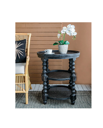 BLACK WOOD RATTAN 3-TIER SIDE TABLE / -50%