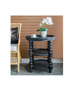 BLACK WOOD RATTAN 3-TIER SIDE TABLE