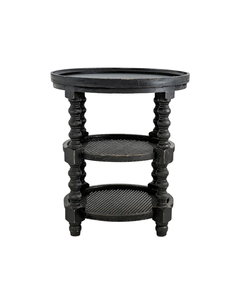 BLACK WOOD RATTAN 3-TIER SIDE TABLE