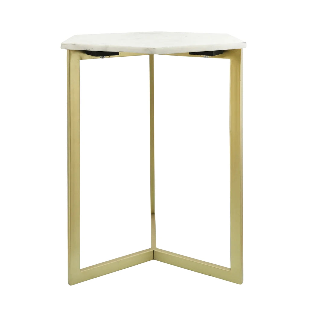 METAL/MARBLE, HEXAGON SIDE TABLE, GOLD/WHITE