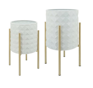 S/2 DIAMOND PLANTERS 6 IN METAL STAND, WHITE / -30%