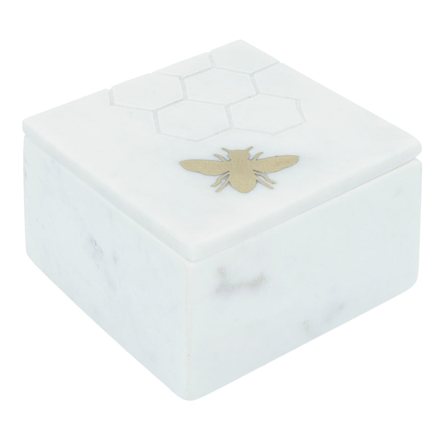 5X5 MARBLE BOX W/ BEE ACCENT WHITE