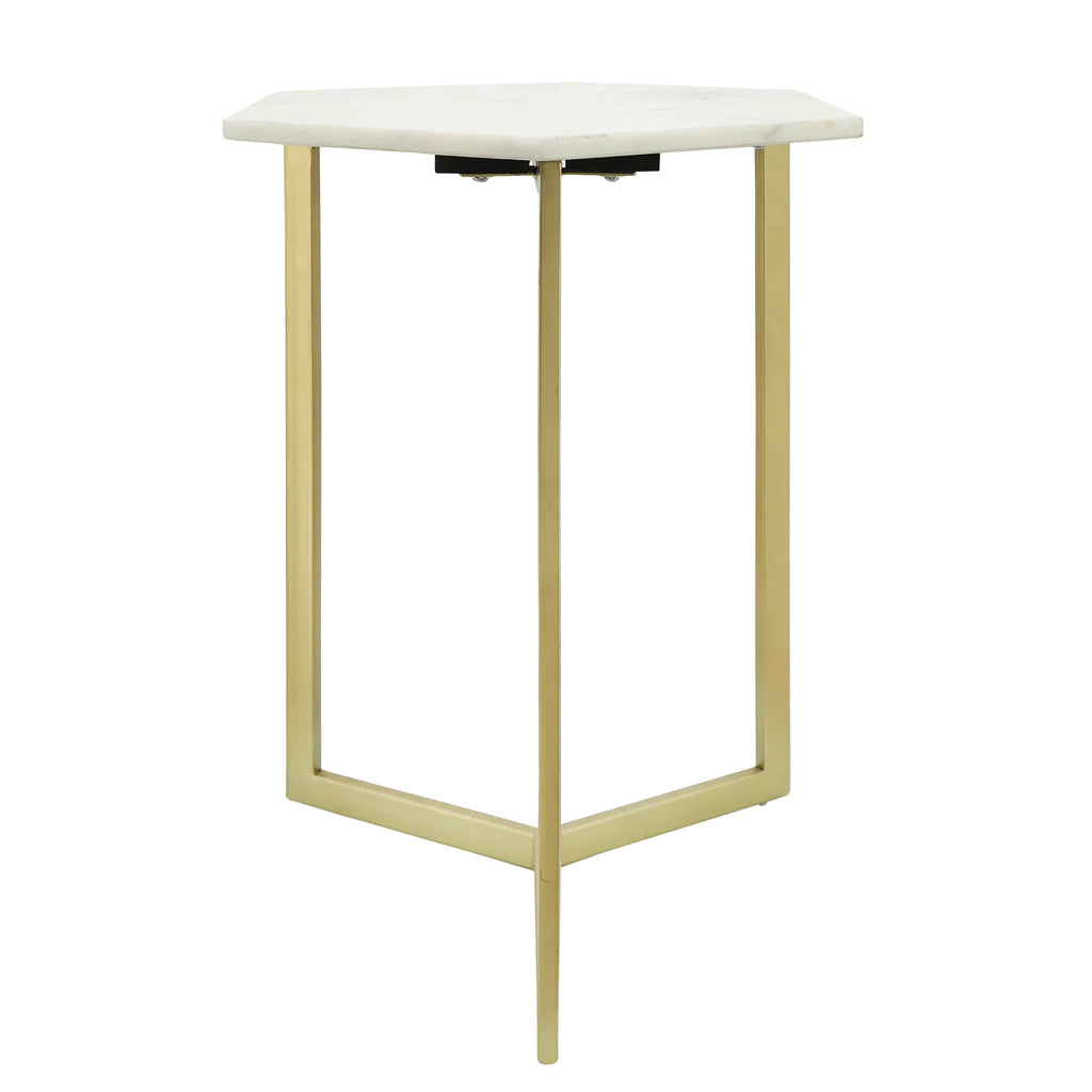 METAL/MARBLE, HEXAGON SIDE TABLE, GOLD/WHITE