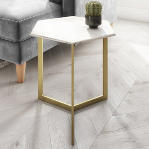 METAL/MARBLE, HEXAGON SIDE TABLE, GOLD/WHITE